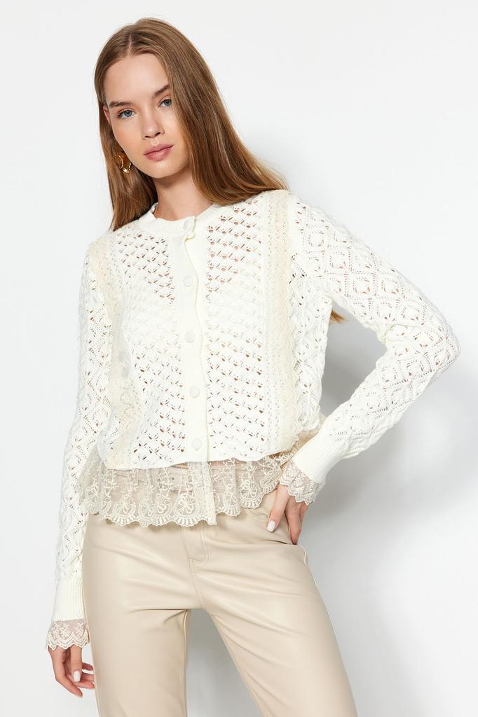 Women's Elegance Style Cardigan Black Crop Lace Openwork Openwork Knitwear Cardigan