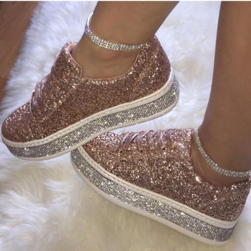 20 spring and summer new sequined lace-up platform casual shoes women's large-size flat-soled running shoes