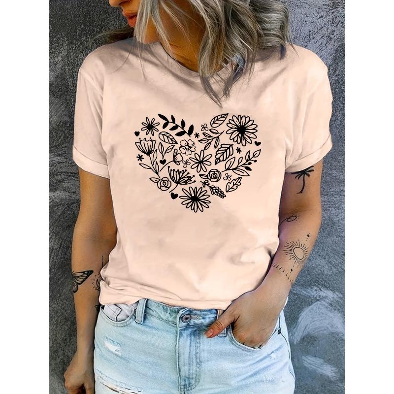 Floral Heart Print T-shirt, Short Sleeve Crew Neck Casual Top for Summer & Spring, Women's Clothing