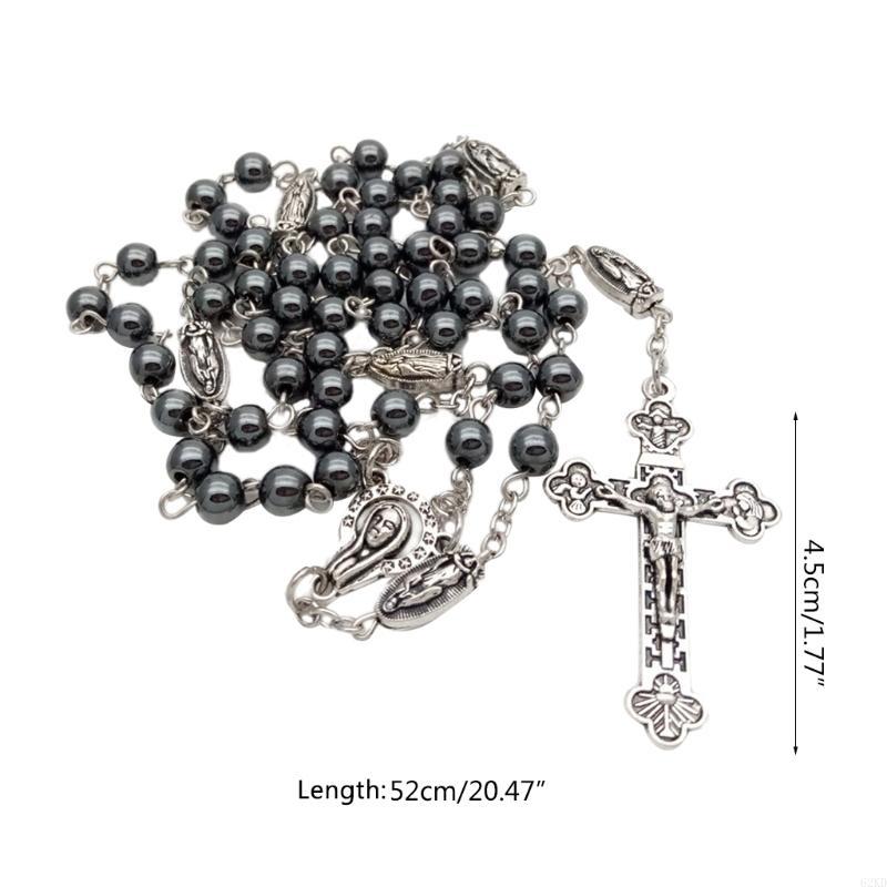 62KD Vintage Religion Rosary Necklace Hematite Stone Round Beads Chain with Jesus for Cross Pendant Necklace Catholic Jewelry