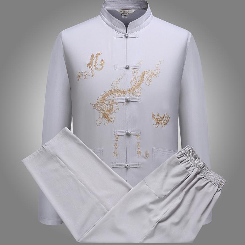 Chinese Traditional Men's Tang Suit Sets Long Sleeve Long Pants Dragon Kung Fu Suit Embroidery Dragon Shirt