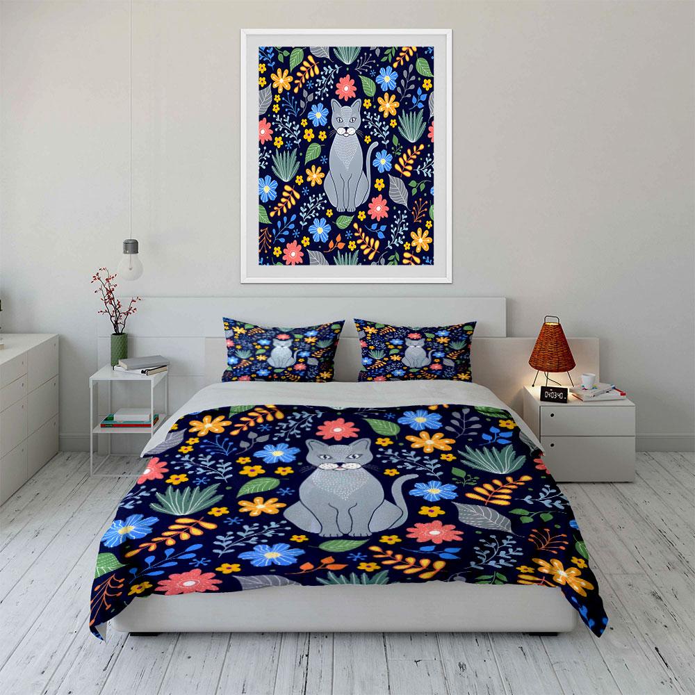 Floral Cat Design Three-Piece Set  Kid'S And Adults' Bedroom Decor, Exquisite Three-Piece Bedding Set Gift