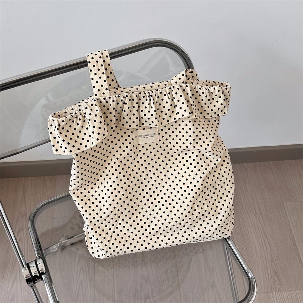 Stylish Korean Ins Polka Dot Lace Canvas Tote Bag For Women With Large Capacity Beige