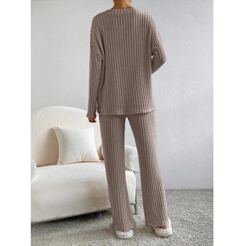 2023 Top con scollo a V e righe in maglia Pantaloni semplici con gamba 2 Set in due pezzi Abiti da donna Abiti larghi moda casual 30515