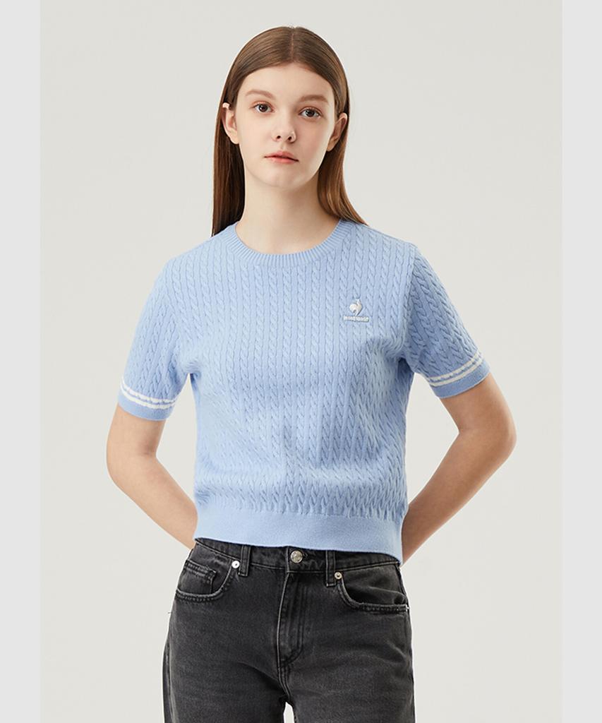 LECOQ Women'S Cable Sweater Crop Short Sleeve Blue (Qp122Ost13)