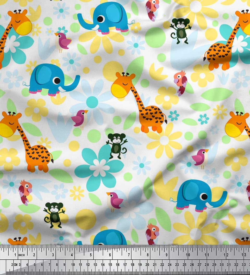 

Тканина для рукоділля Soimoi Japan Crepe Satin із квітковим принтом, мультфільмами птахів і тварин на метри 42 дюйми 42 Inch Wide - Poly Crepe білий