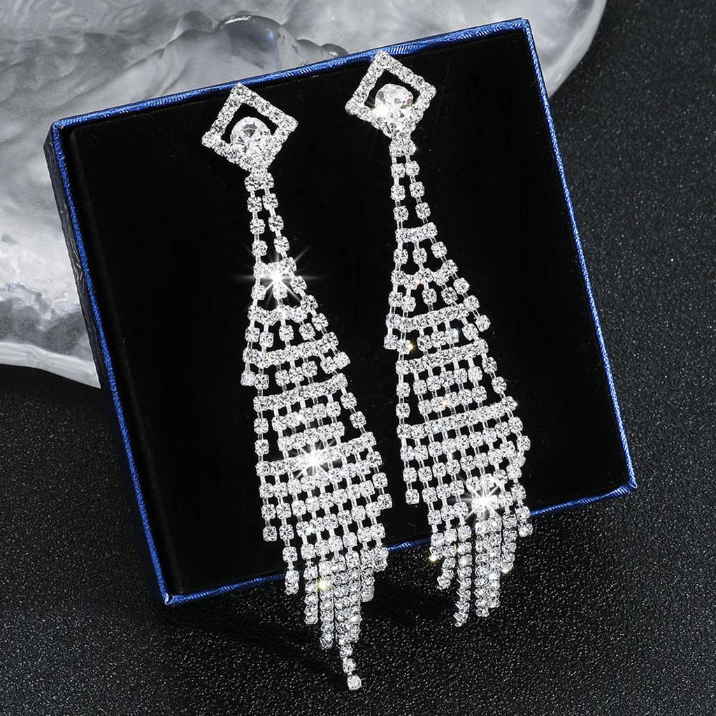 High-end sparkling rhinestones Long fringed earrings, slightly zircon earrings, copper earrings