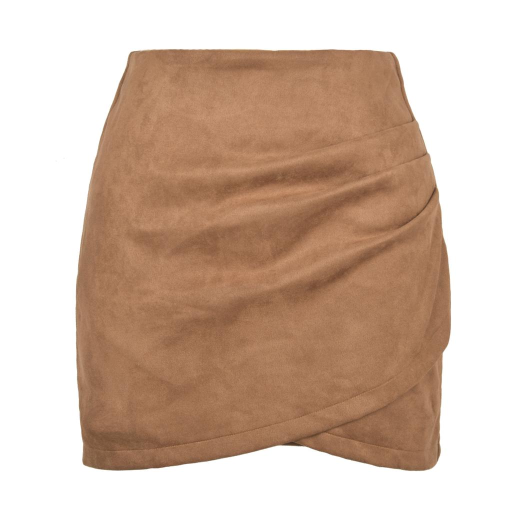 Suede Solid Color Buttocks Wrapped Skirt Pleated Irregular Zippered Short Skirt for Women's Clothing