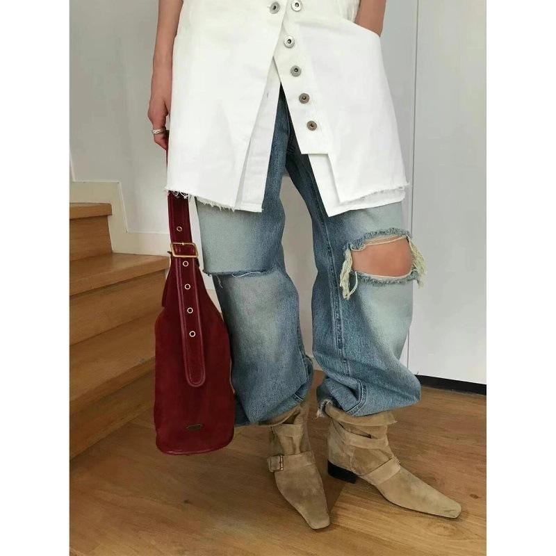 Cowhide Version Boots Women's New Retro Square Head Suede Short Boots Women's Thick Heel Wide Tube Boots Foldable Brown Western Boots