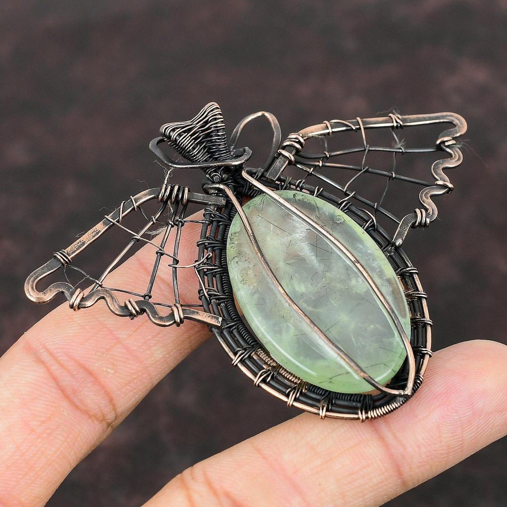 Mohás Prehnit Medál Rézhuzallal Tekert Drágakő Medál Kézzel Készített Mohás Prehnit Ékszer Halloween Ajándék Rézékszer Pillangó Medál