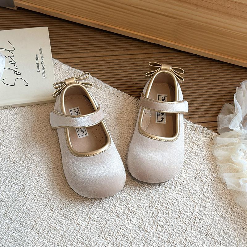Girls Velvet Bow Decor Mary Jane Casual Flat Shoes