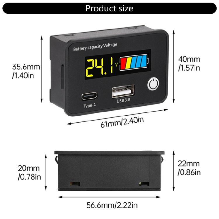 LCD Display Battery Power Monitor with  QC3.0 USB Type C Port for Electric Vehicle Solar Car Lithium Lead Acid Batteries