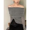 off-Shoulder Pure Color Knitwear Long Sleeves off-Shoulder Swaying Thin Silm Low Classic Ruched Sweater