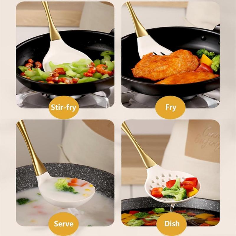 8Piece Silicone Kitchen Utensils Set with Gold Stainless Handles, Heat Resistant Nonstick Cooking Tools