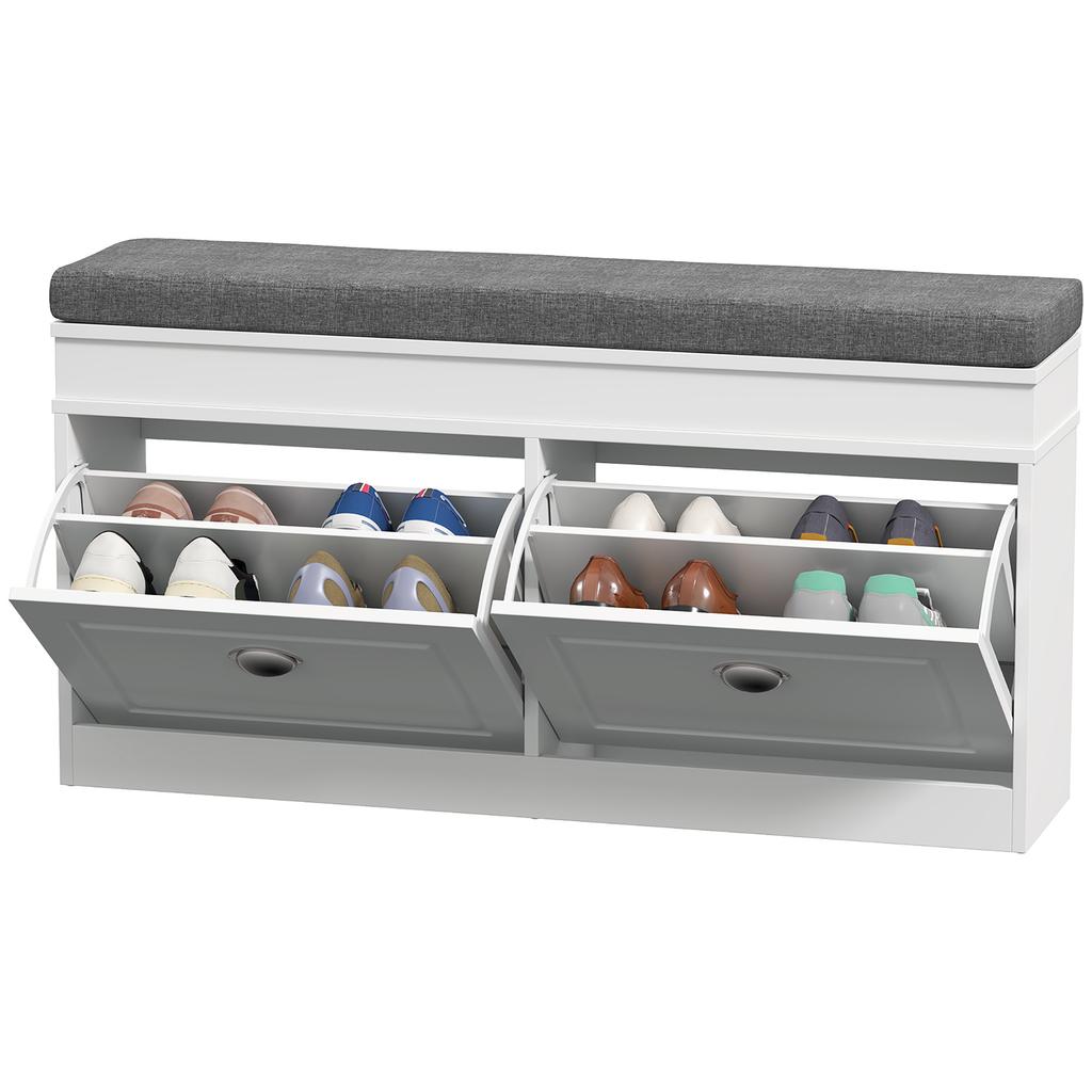 Shoe Storage Bench with Flip Drawers, Shoe Cabinet with Seat Cushion and Adjustable Shelf for Hallway, Entryway, Living Room, Bedroom, White