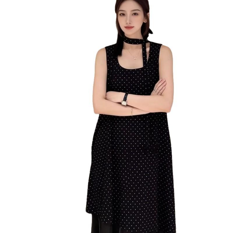 Black Polka Dot Beveled Coffee Break Dress Women's Summer French Design Sense Small Person Unique Super Good-looking Beautiful Dress