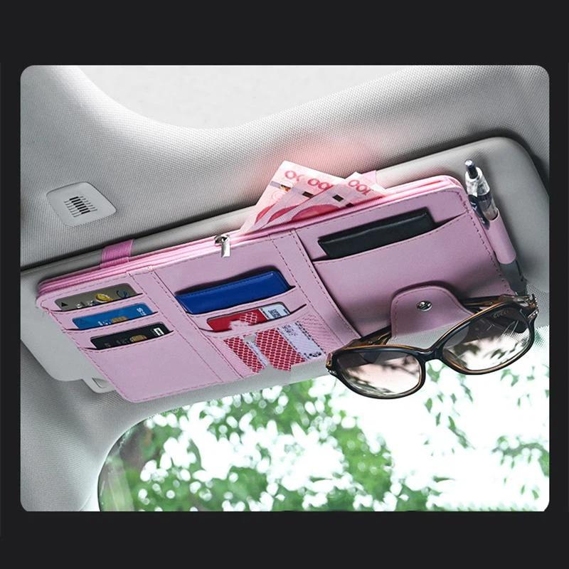 Sunshade Storage Bag Pu Leather Multi-Pocket Net Zipper Car Sun Visor Organizer Sunglasses Holder For Car Interior Accessories
