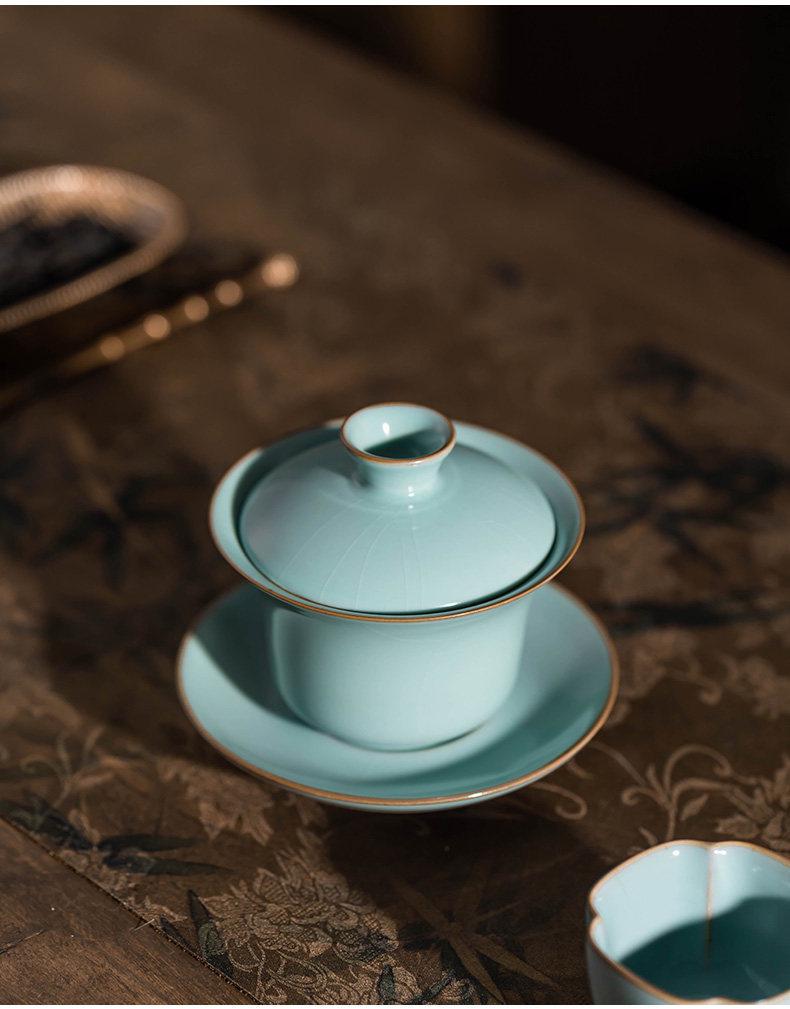 Ru Kiln Gaiwan Tea Set: Handmade Jingdezhen Kung Fu Ceramic with Three Talents Tea Cups in Retro Porcelain Gift Box