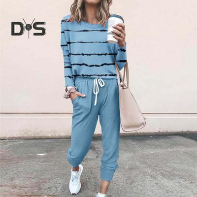 Women's Striped Printed Two Piece Outfit Long Sleeve Sweatsuit Jogger Pants Set with Pockets Casual Workout Athletic Tracksuit