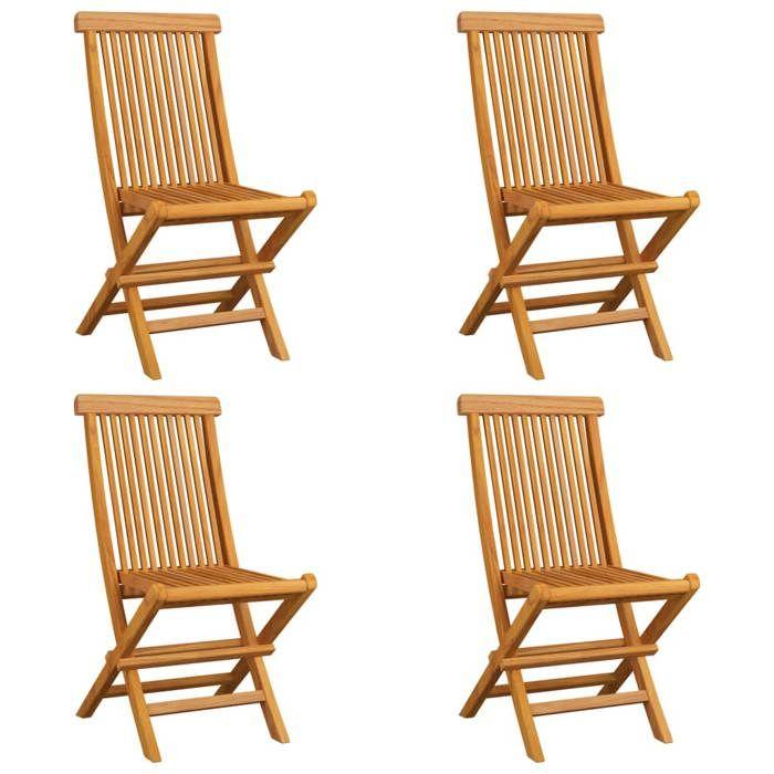 Chaises de jardin pliables en bois de teck massif avec coussins gris - VIDAXL - 4 pcs - Extérieur - Naturel