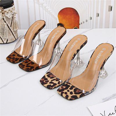 Women Summer 9cm High Heels Sexy Leopard Slides Mules Lady Transparent Clear Heels Slippers Sandals Party Stripper Shoes