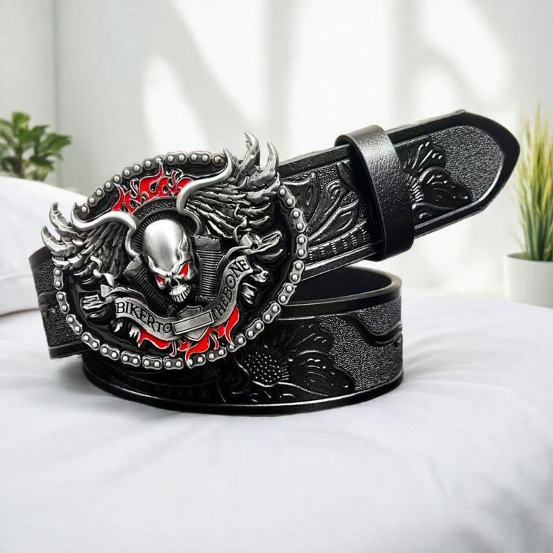 Men's Alloy Buckle Leather Belt - Vintage Embossed Punk Style