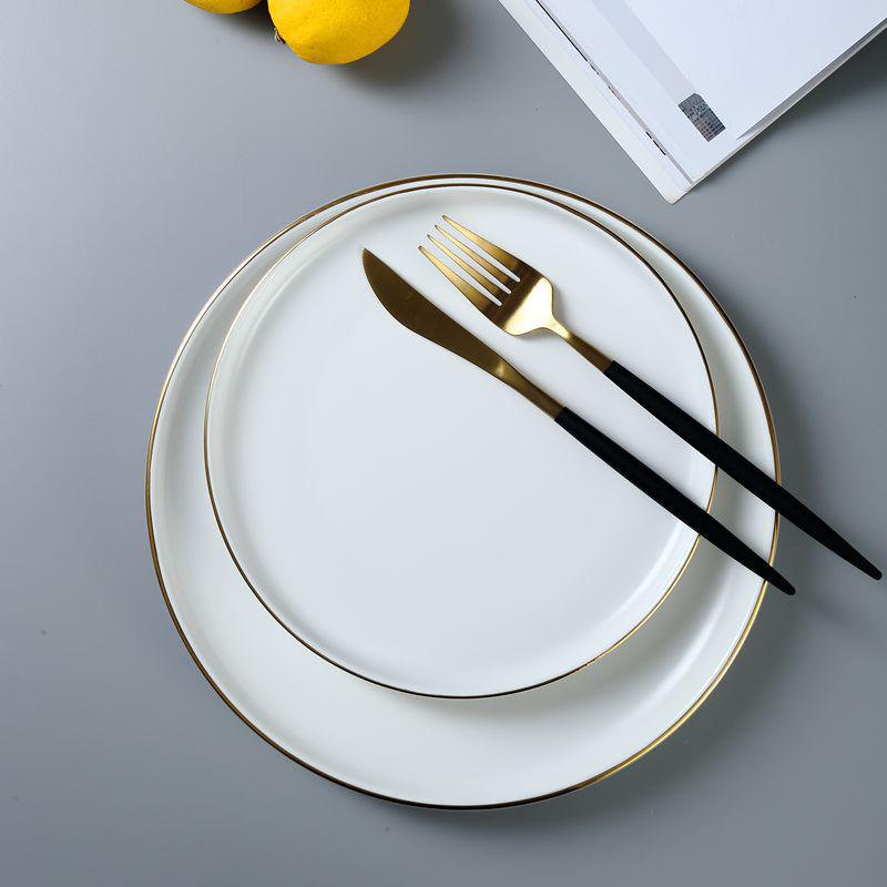 Elegant Gold-Rimmed Ceramic Round Plate for Steak, Pizza, and Vegetables - Japanese Tableware