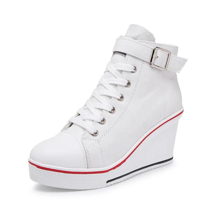 Pantofi cu pană din pânză high top pentru femei Pantofi cu șireturi din denim până la gleznă pentru femei Pantofi din pânză pentru gleznă pentru doamne Adidași cu toc de 8cm pentru femei