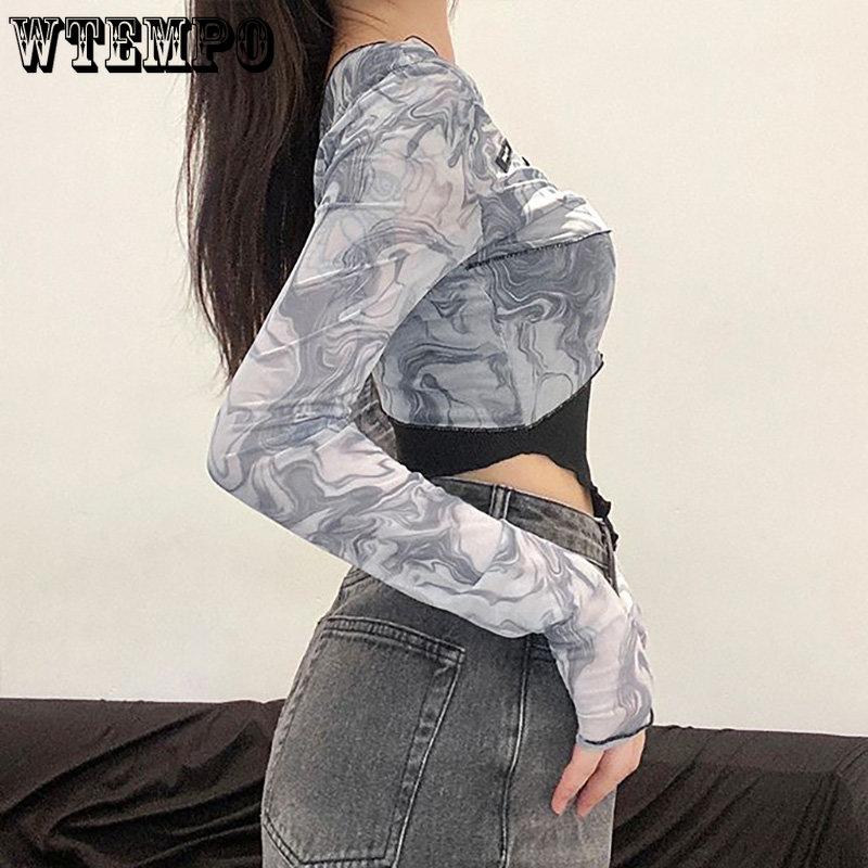 WTEMPO Dámské šik síťované patchworkové tričko s dlouhým rukávem + vnitřní přiléhavý top na ramínka, asymetrické falešné dvoudílné zkrácené topy