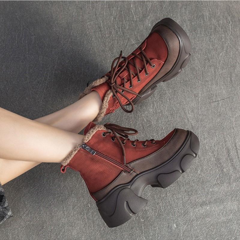 Johnature Plush Warm Genuine Leather Commuting Short Boots Retro Thick Soled Women's Shoes