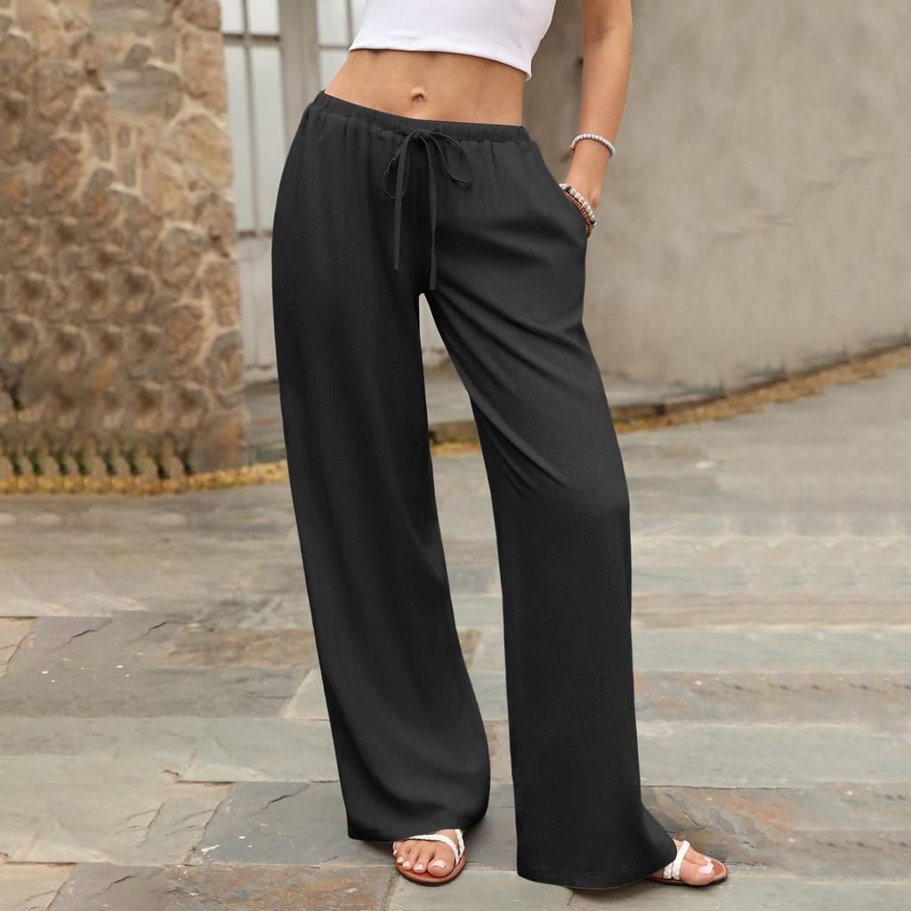 Women's Summer Casual Wide Leg Pants Elastic Waistband with Drawstring Pockets Lightweight Loose Fit Lounge Trousers for Everyday Wear