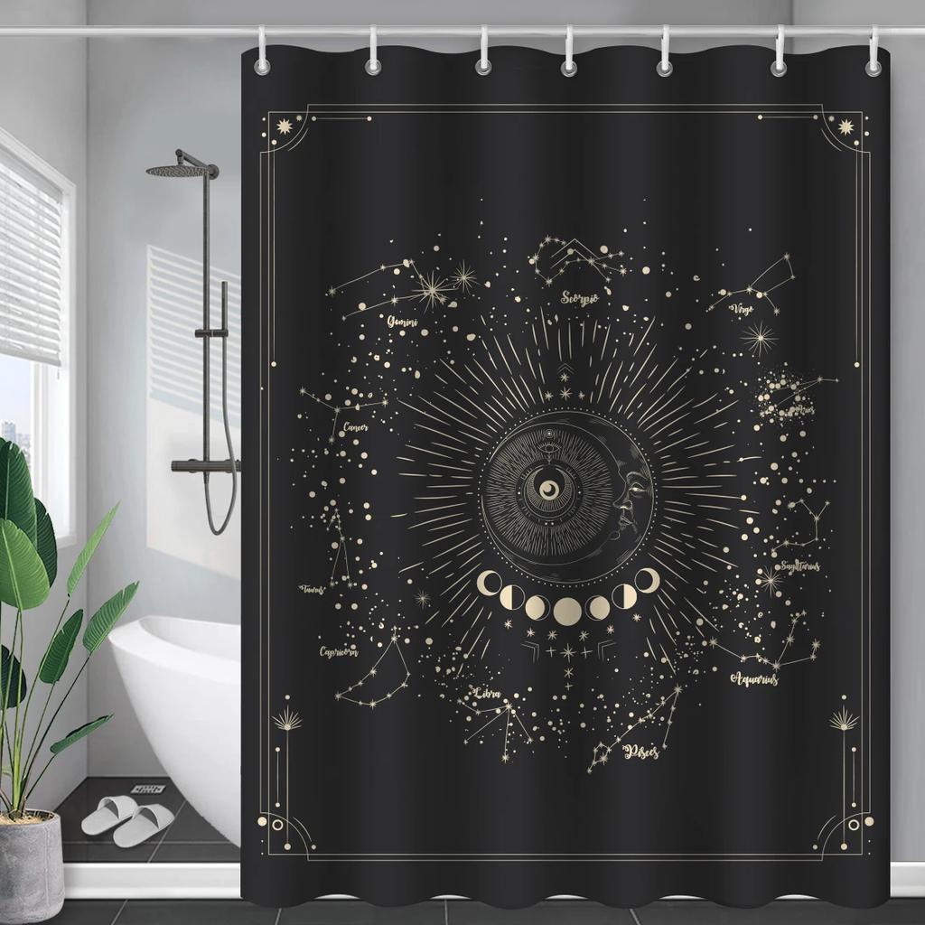 Black Mysticism Shower Curtain Liner Sun and Moon Modern Waterproof Bathroom Curtains Accessories with 12 Hooks Bathtub Curtain