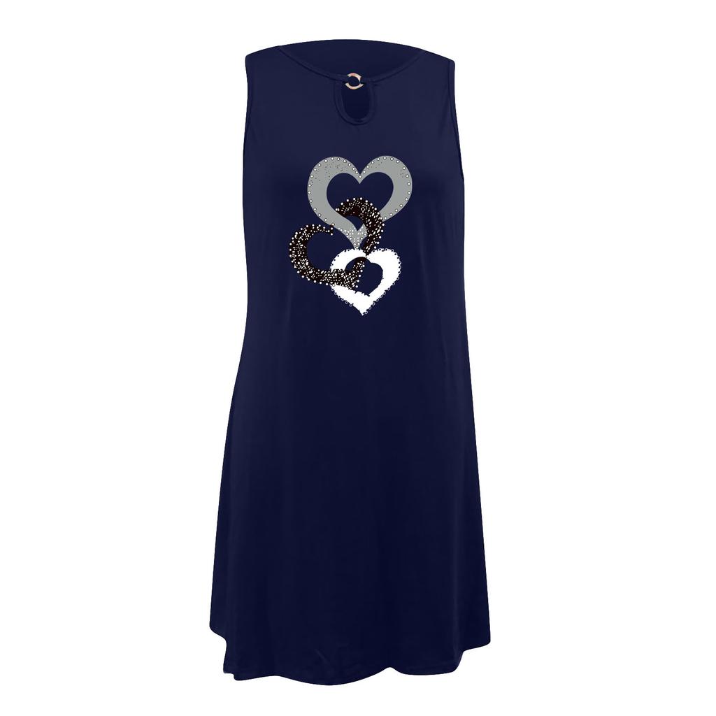 Women Summer  Print Hollow Out Sleeveless Loose Tank Mid Dresses