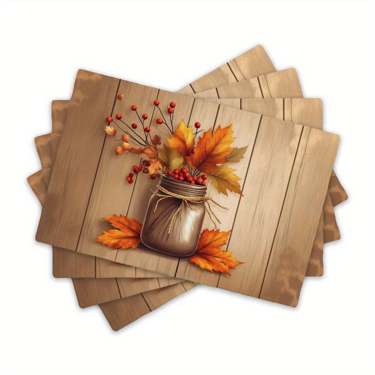 

4pcs/6/8pcs Autumn Leaves Mason Jar Place Mats Rustic Farmhouse Style Linen Table Mats For Fall Decor 4Pcs-30X45cm(12X18in