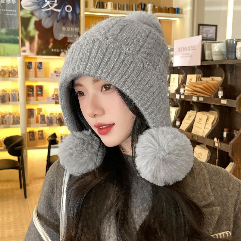 Cute Hairball Hat Women's Thickened Warm Ear Protector Knitted Hat Fashionable Solid Color Casual Wool Hat