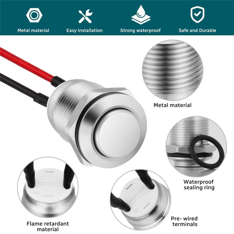 AEE4-6Pcs Pressure Switches,12 Mm Momentary Pressure Switch, Metal Waterproof Button, Protruding Pressure Switch With Wire