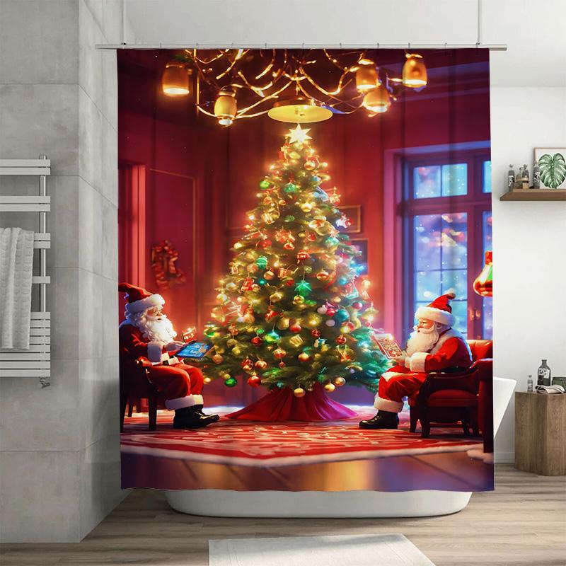 

Tuniu Festive Santa S Workshop Christmas Shower Curtain Waterproof Holiday Decor Cute Fun Home Bathroom Set W60H190(CM)-1 Pcs