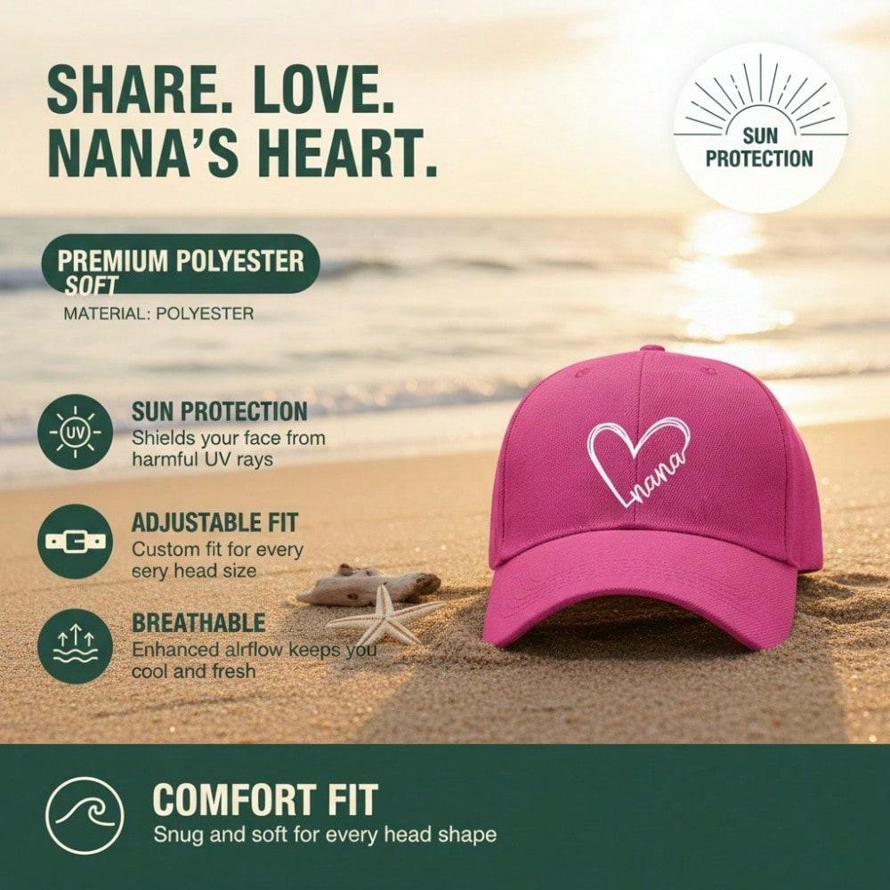 Nana Heart Print Baseball Cap - Simple Cream Polyester Adjustable Casual Outdoor Sports Hat For Women Gift