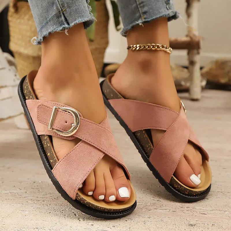 Retro Cross Band Flat Sandals for Women Buckle Decor Thick Sole Platform Slippers Woman 2025 Summer Comfort Non Slip Beach Shoes