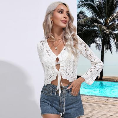 Women's Spring and Summer Drawstring Hollow Wavy Edge Knitted Blouse Knitted Sweater