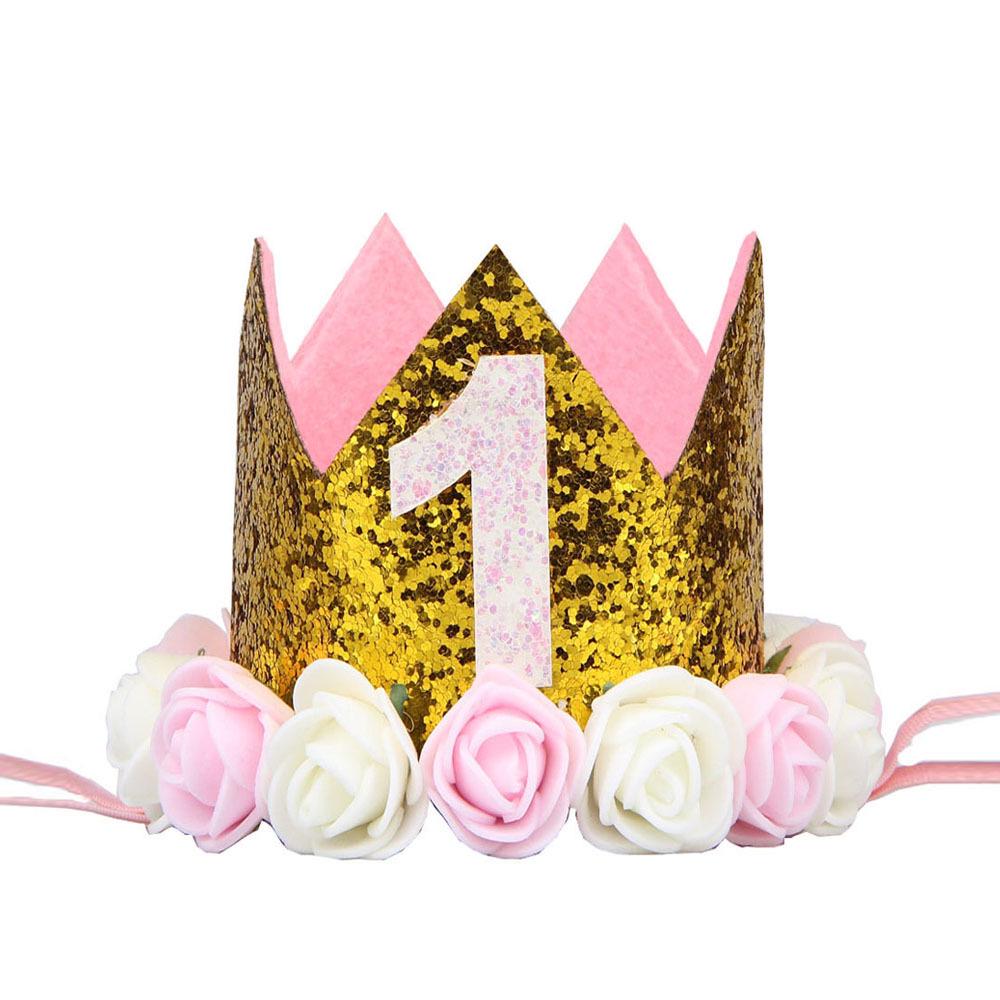 Cross-Border 1st Birthday Crown Headband: Princess Gold & Pink Party Accessory for Girls
