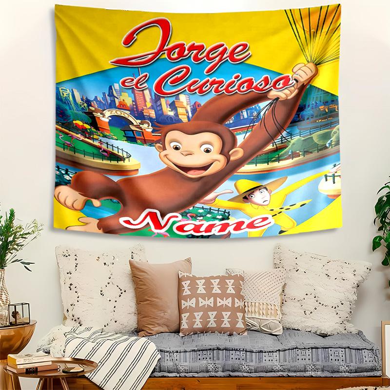 Personalized Curious George Background Tapestry,Custom Name Birthday Party,Multifunctional Wall Decoration for Home Decor,Various Occasions