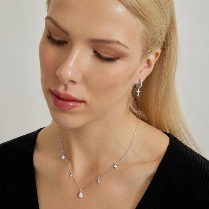 Boucles d'oreilles Croix,en zircone rhodiée,finition rhodiée