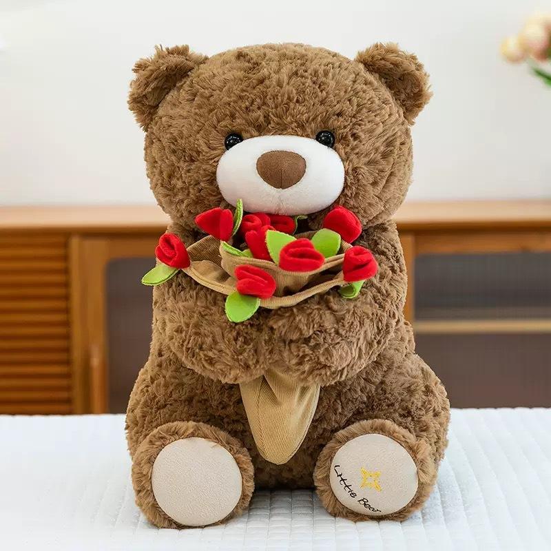 Rosenbär Teddybär mit Hut, Plüschtier mit Blume, Valentinstags Geburtstagsgeschenk für Freundin Frauen