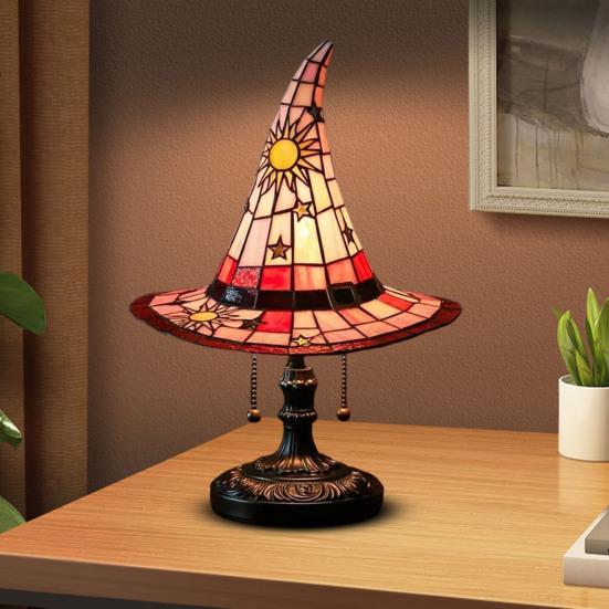 Witch Hat Lamp Stained Glass Resin Wizard Hat Light Spooky Gothic Table Lamp Decorative Standing Light for Indoor Party Haunted Halloween Bedroom