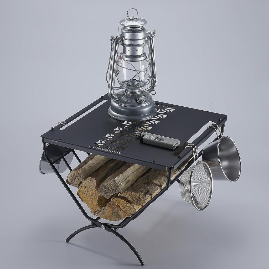 CAMPING MOON Firewood Rack with Top Plate for Field Firewood Rack Table Bonfire Side Table Black Log Carry TAB-285