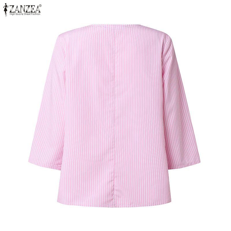 ZANZEA Women Casual V-Neck 3/4 Sleeve Loose Stripe Blouse