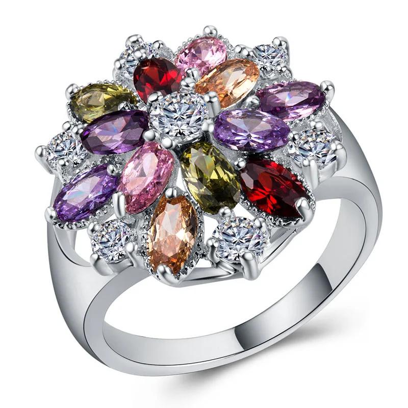 Hot Sale Classic Silver Color Inlaid Garnet Red Zircon Flower Shape Ladies Banquet Ring   Whole Sale