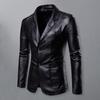 Herren Einfarbig Kunstleder Anzugmantel Revers Langarm Taschen Einreiher Business