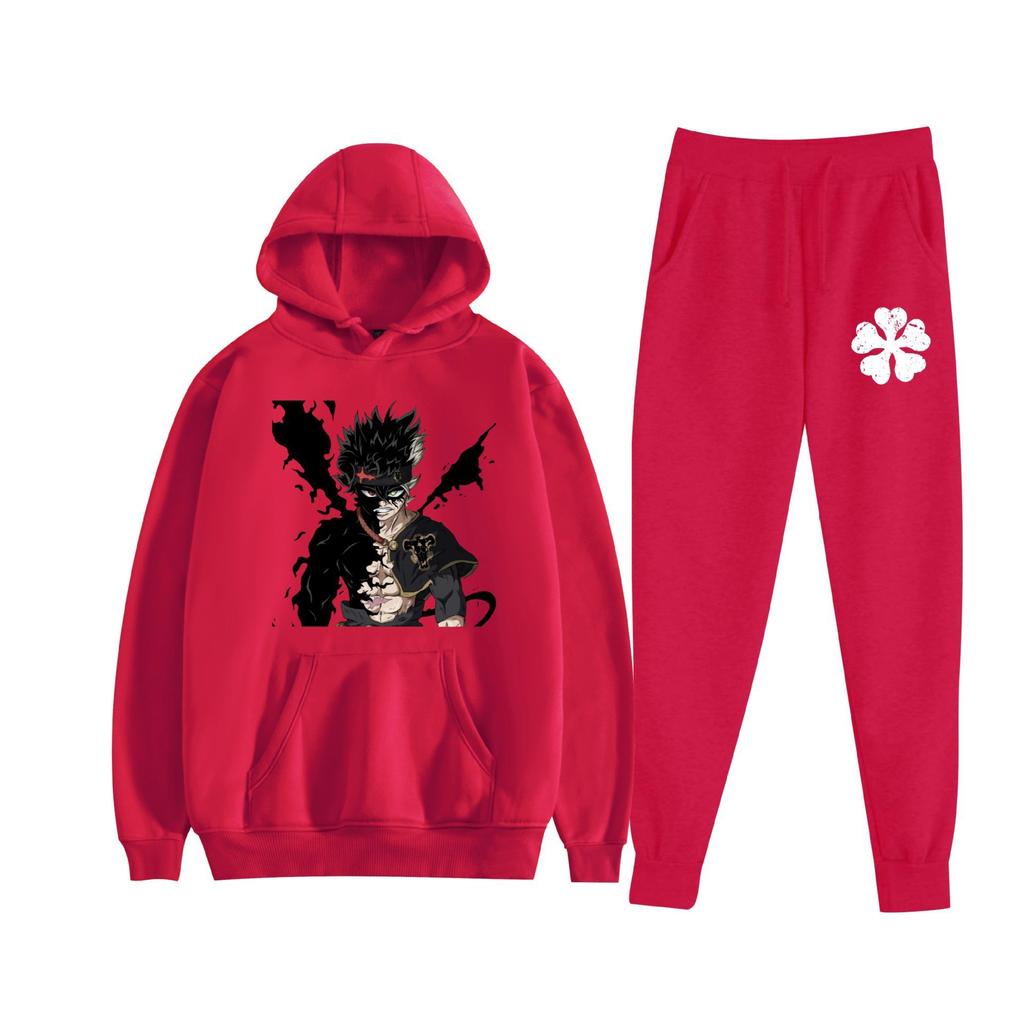 Europe, America, Autumn and Winter Black Four-leaf Clover Peripheral Two-dimensional Men's and Women's Leisure Sports Fleece Hooded Sweater Set 